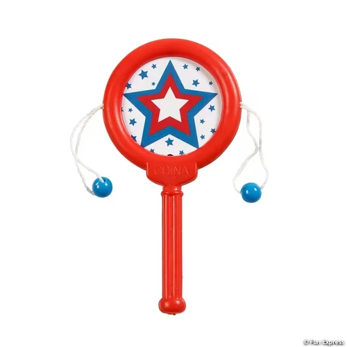 Mini Patriotic Spin Drum. This small red plastic toy paddle features two attached balls that make nose when spun back and forth between your fingers. The paddle features a red white and blue star on one side and stars and stripes on the opposite side. Package includes 1 count toy measuring 2in x 4in.