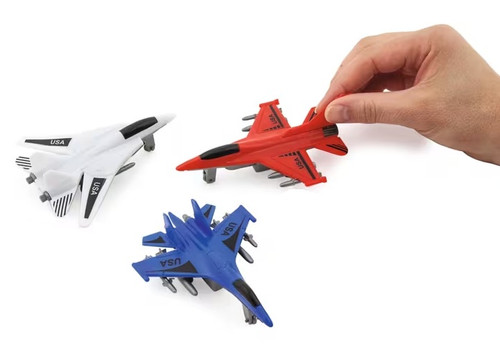 USA Pullback Fighter Jet. This plastic fighter jet, available in red, white, or blue, with "USA" on the wings, is perfect for game prizes, party favors, table decorations, and more! Pull it back and watch it roll forward! Desired color not guaranteed. Package includes 1 count toy measuring 4.5in.
