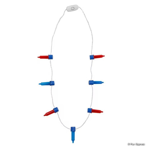 Patriotic String Light-Up Necklace. This plastic necklace features large light up blue and red string lights. Measures 34in, individual lights measure about 2in. One size fits most. Batteries included.