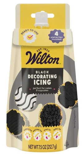 Black Decorator Icing with Tips. This black ready to use icing is the perfect complement to your holiday and special occasion baked treats. It comes with a ribbon tip, writing tip, star tip, and shell tip to create all sorts of designs. Net WT 7.5oz.