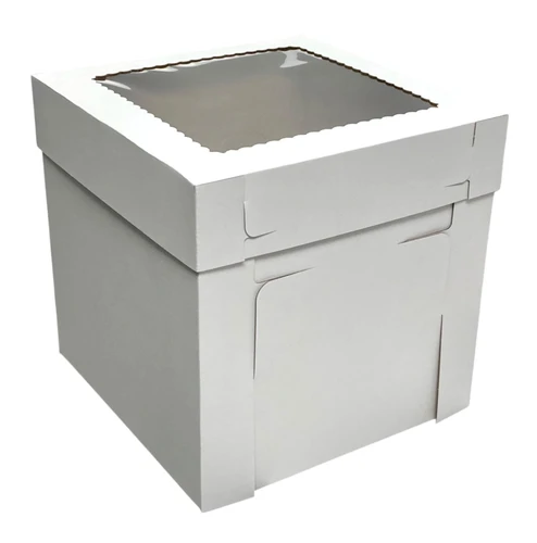 This Tall White Cake Box is made up of two durable cardboard pieces and has a plastic window on the lid. The inside has the classic cardboard brown color. Measures 12in x 12in x 12in.