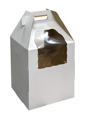 This Tall White Cake Box with Handle is made up of a durable cardboard piece and has handle on top and a plastic window on two sides. The inside has the classic cardboard brown color. Measures 12in x 12in x 14in tall without handle.