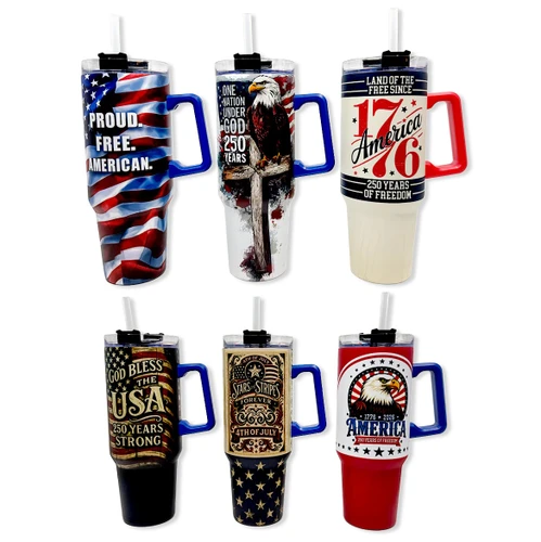 USA 250th Birthday Double Wall Steel Cup. This double wall, stainless steel cup features a spill resistant lid, a clear reusable plastic straw, a handle, and keeps cold drinks for about 18 hours and hot drinks for about 7 hours. It's available in a variety of colors and messages. Desired style not guaranteed. Measures 40oz, about 10.25in tall.