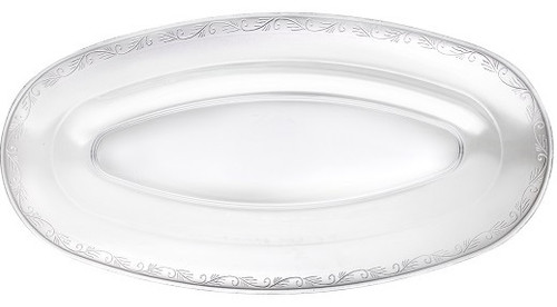 Extra Large Clear Oval Tray. This clear oval plastic tray features an intricate design around the border. Includes 1 count 20.75in x 10.5in tray.