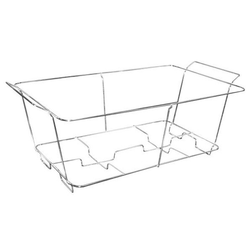 Full Size Deluxe Chafing Rack. This rack features a silver tone metal, handles on two sides, and holds a full size foil pan. Perfect for displaying casseroles. Measures about 19.5in x 12in x 8in.