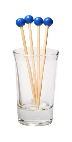 Wooden Ball Party Picks - Cobalt, 3.5in. These natural wooden picks feature a cobalt blue ball on one end. Available in 3.5in (40 count) and 6in (30 count). Glass container not included.
