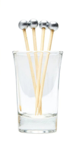 Wooden Ball Party Picks - Silver, 3.5in. These natural wooden picks feature a shiny silver ball on one end. Available in 3.5in (40 count) and 6in (30 count). Glass container not included.