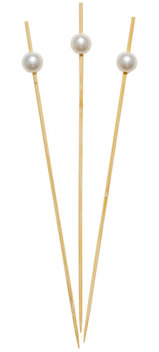 Wooden Ball Party Picks - Pearl White. These natural wooden picks feature a shiny pearl white ball on one end. Available in 6in (30 count). Glass container not included.