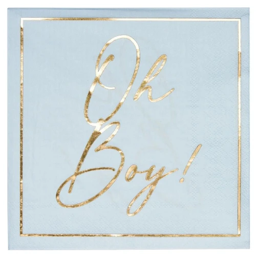 Hey Baby Oh Boy Luncheon Napkins. These 2 ply, light blue paper napkins feature "Oh Boy!" in gold foil script, with a matching gold foil trim frame. The underside is light blue but with dark yellow text. Package includes 20 count napkins measuring 6.5in when folded.