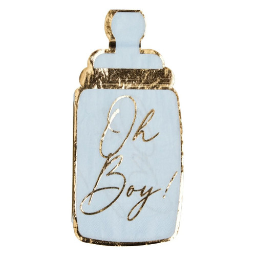 Hey Baby Oh Boy Bottle Shaped Napkins. These 2 ply, light blue baby bottle shaped paper napkins feature "Oh Boy!" in gold foil script, with a matching gold foil trim. The underside is light blue but with dark yellow text. Package includes 16 count napkins measuring 3.5in x 7.75in when folded.