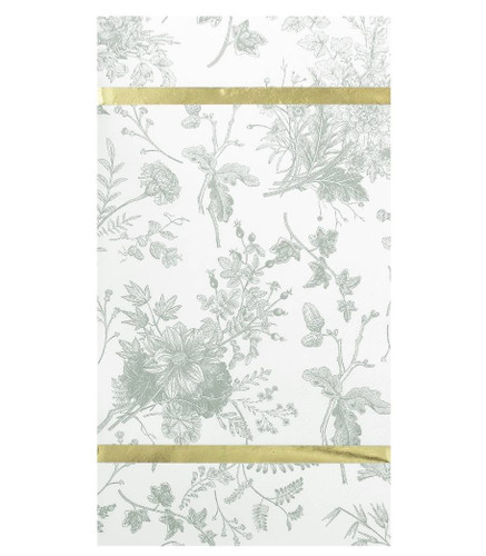 Timeless Sage Guest Towel Napkins. These white, 3 ply paper napkins feature a delicate floral pattern in a subtle light muted green with two lines of gold foil. Package includes 20 count napkins measuring 4.25in x 8in when folded.