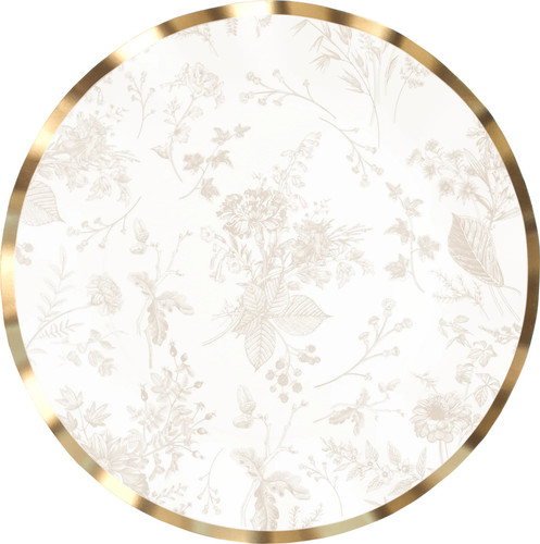 Timeless Sand Dinner Plates. These white paper plates feature a delicate floral pattern in a subtle light brown with a wavy gold foil trim, resembling fine china. Package includes 8 count plates measuring 10in.