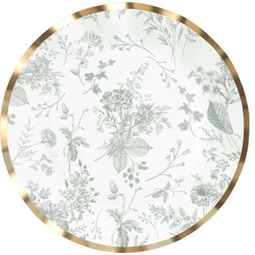 Timeless Sage Dinner Plates. These white paper plates feature a delicate floral pattern in a subtle light muted green with a wavy gold foil trim, resembling fine china. Package includes 8 count plates measuring 10in.