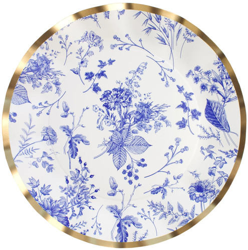 Timeless Blue Dinner Plates. These white paper plates feature a delicate floral pattern in blue with a wavy gold foil trim, resembling fine china. Package includes 8 count plates measuring 10in.