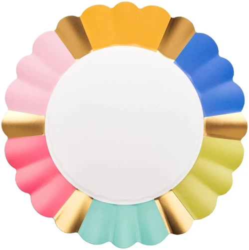 Panoply Dinner Plates. These paper plates feature a white center and a border of multiple colors with gold foil spacers, all along a scalloped trim. Perfect for summer brunch, or any event that calls for sophistication. Package includes 8 count plates measuring 10in.