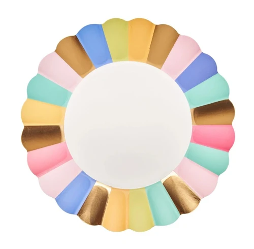 Panoply Luncheon Plates. These paper plates feature a white center and a border of multiple colors with gold foil spacers, all along a raised scalloped trim. Perfect for summer brunch, or any event that calls for sophistication. Package includes 8 count plates measuring 8in.