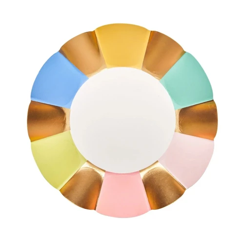Panoply Dessert Plates. These paper plates feature a white center and a border of multiple colors with gold foil spacers, all along a raised scalloped trim. Perfect for summer brunch, or any event that calls for sophistication. Package includes 8 count plates measuring 7in.