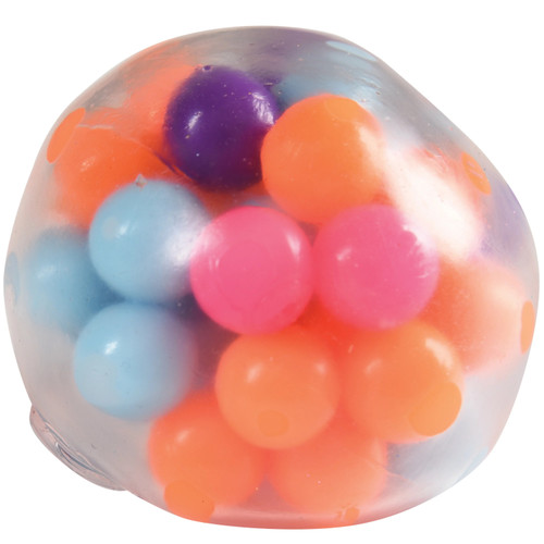 This Bead Ball Squeeze Toy. This clear squishy vinyl toy is filled with large multi color beads. Package includes 1 count toy measuring 2.25in.