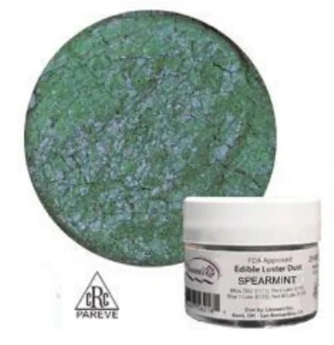 Edible Luster Dust - Spearmint. This luster dust is in a dark green color. Net WT .25oz.