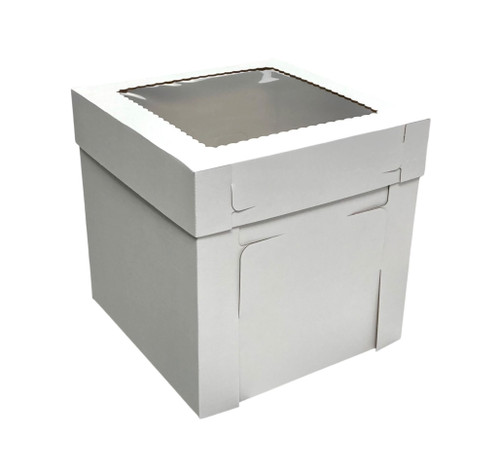 This Tall White Cake Box is made up of two durable cardboard pieces and has a plastic window on the lid. The inside has the classic cardboard brown color. Measures 10in x 10in x 12in.