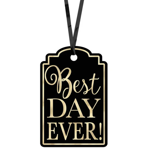 Best Day Ever Printed Tags - Black. These shaped black tags have "Best Day Ever!" in gold foil text. Package includes 25 count 3in x 2in tags and includes matching satin ribbon ties.