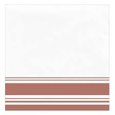 Rose Gold Airlaid Dinner Napkins. These 1 ply, premium quality, larger white airlaid paper napkins feature rose gold color lines printed on them. Package includes 40 count 8in x 8in napkins.