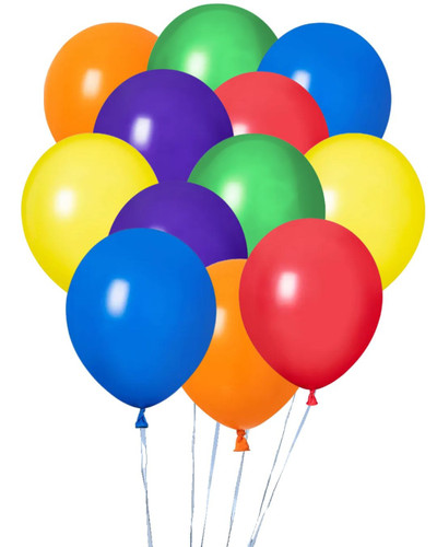 Dozen Balloons Grouped together 2 orange, 2 yellow, 2 purple, 2 mid green, 2 red, and 2 royal blue