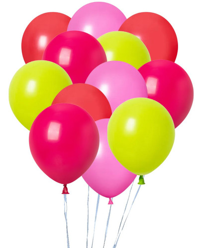 Dozen Balloons Grouped together 3 berry pink, 3 wild berry, 3 red, and 3 mint green balloons.