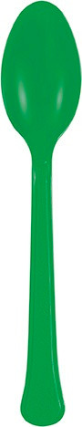 Bright Green Plastic Spoons. These heavy duty plastic spoons feature a green color. Package includes 20 count 6.5in spoons.