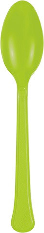 Neon Green Plastic Spoons. These heavy duty plastic spoons feature a bright green color. Package includes 20 count 6.5in spoons.