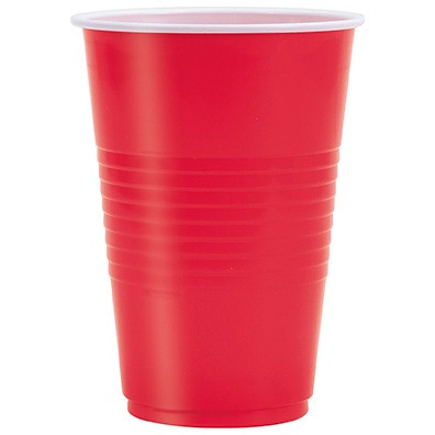 Bright Red Plastic Cups. These plastic cups feature a bright red color and a raised grip, and should only be used for cold drinks. Package includes 50 count 16oz cups.