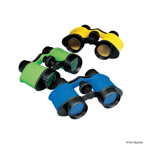Bright Toy Binoculars. Available in black with blue, green, or yellow, these small plastic binoculars have a 26in cord. Desired color not guaranteed. For novelty use only. Package includes 1 count toy measuring 4.5in.
