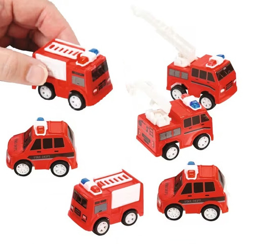 Pull-Back Mini Fire Trucks. These small red and white plastic cars feature three different designs of emergency vehicles. Package includes 6 count 2in toy car favors.