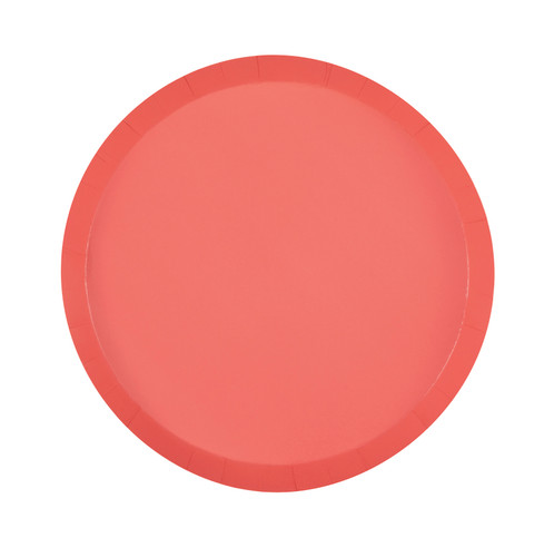 Boho Coral Dessert Plates. These round paper plates feature a solid bright coral color. Package includes 8 count plates measuring 8in.