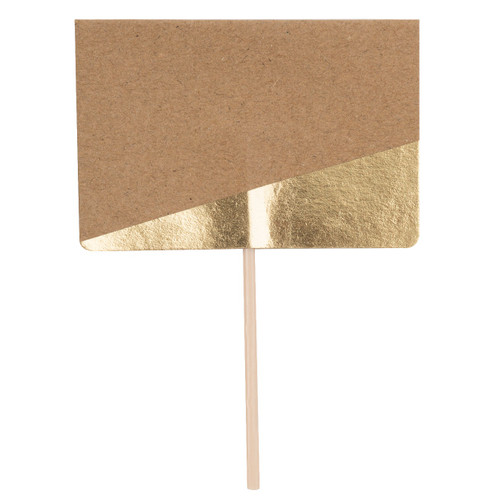 Kraft Paper & Gold Foil Food Sign Picks. These little plastic picks feature a blank kraft paper topper to write on, a bottom corner on the front accented with gold foil. Package includes 10 count paper sections measuring 3in wide x 2in tall, 4in tall with plastic picks.