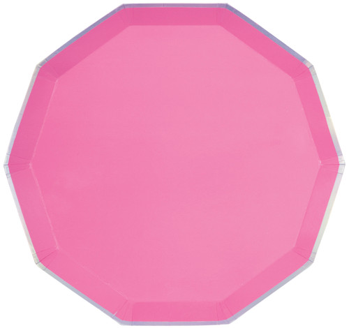Peony Pink Decagon Luncheon Plates. These ten sided shallow paper plates feature a solid bright pink color and an edge with iridescent foil. Package includes 8 count plates measuring 9in.