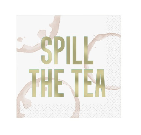 Spill The Tea Beverage Napkins. These small white 2 ply paper napkins feature printed ring stains in light brown and "SPILL THE TEA" in gold foil capital letters. Package includes 16 count napkins measuring 4.9in when folded.