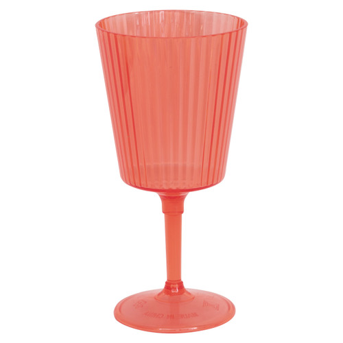 Coral Plastic Boho Wine Glass. Made from translucent coral color plastic, this glass has a stem and a ribbed design. Perfect for summer parties, outdoor weddings, picnics, or poolside sipping, it combines the look of vintage glassware with the practicality of plastic. Package includes 1 count glass, measuring 14oz, 7.25in tall.