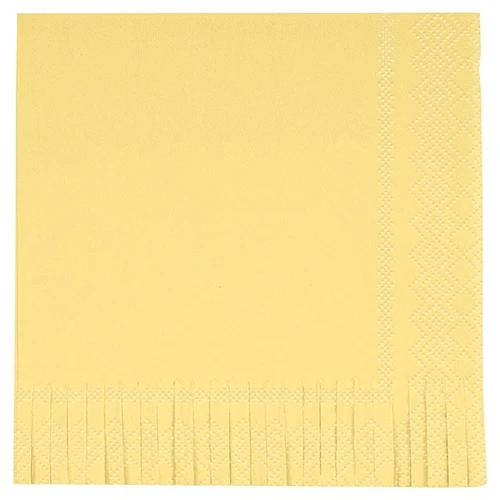 Boho Warm Yellow Fringe Luncheon Napkins. These 2 ply paper napkins feature a solid bright yellow color and a fringe edge. Package includes 16 count napkins measuring 6.5in when folded.