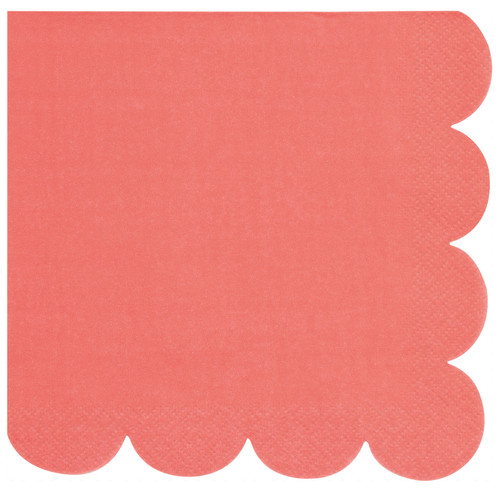 Boho Coral Scalloped Luncheon Napkins. These 2 ply paper napkins feature a solid coral color with scalloped edges. Package includes 16 count napkins measuring 6.25in when folded.