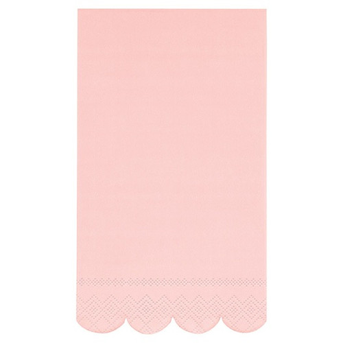 Boho Ballet Pink Scalloped Guest Towel Napkins. These 2 ply paper napkins feature a solid light pink color with a scalloped edge. Package includes 16 count napkins measuring 4.25in x 7.5in when folded.