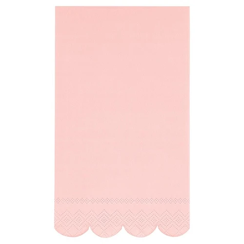 Ballet Pink Scalloped Guest Towel Napkins. These 2 ply paper napkins feature a solid light pink color with a scalloped edge. Package includes 16 count napkins measuring 4.25in x 7.5in when folded.