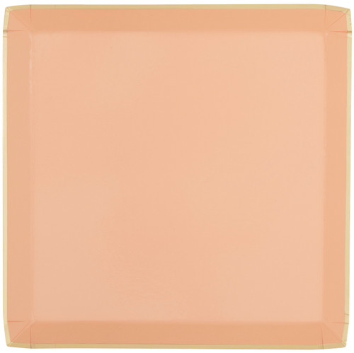 Boho Peach Square Dinner Plates. These square shaped shallow paper plates feature a solid bright peach color with a thin gold foil trim. Package includes 8 count plates measuring 9.25in.