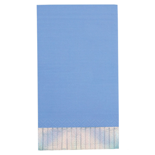 Periwinkle with Iridescent Fringe Guest Towel Napkins. These 3 ply paper napkins feature a solid light blue color and a fringe edge with iridescent foil. Package includes 16 count napkins measuring 4.25in x 8in when folded.