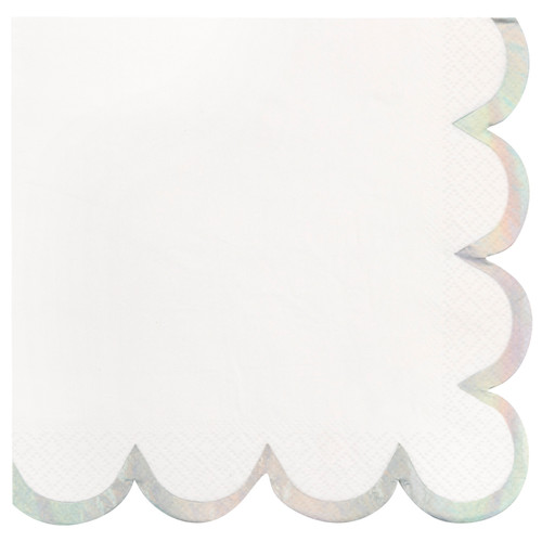 Iridescent Scalloped Luncheon Napkins. These white 2 ply paper napkins feature scalloped edges with an iridescent foil trim. The underside is solid white. Package includes 16 count napkins measuring 6.25in when folded.