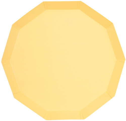 Boho Warm Yellow Decagon Luncheon Plates. These ten sided paper plates feature a solid light yellow. Package includes 8 count plates measuring 9in.