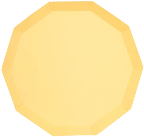 Boho Warm Yellow Decagon Luncheon Plates. These ten sided shallow paper plates feature a solid light yellow. Package includes 8 count plates measuring 9in.