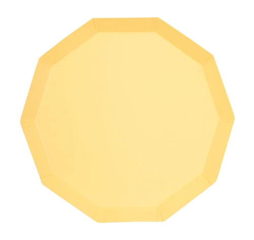 Boho Warm Yellow Decagon Dessert Plates. These ten sided shallow paper plates feature a solid light yellow. Package includes 8 count plates measuring 8in.