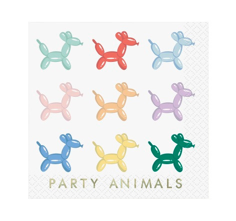 Party Animals Beverage Napkins. These white 2 ply napkins feature "PARTY ANIMALS" in gold foil capital letters underneath multiple multicolor balloon dogs. Perfect for colorful theme birthdays. Package includes 16 count napkins measuring 4.9in when folded.