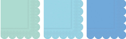 Pastel Blue Assorted Scalloped Beverage Napkins. These small 2 ply paper napkins feature scalloped edges and include the solid colors mint blue green, sky blue, and coastal blue. Package includes 16 count napkins total measuring about 4.75in when folded.